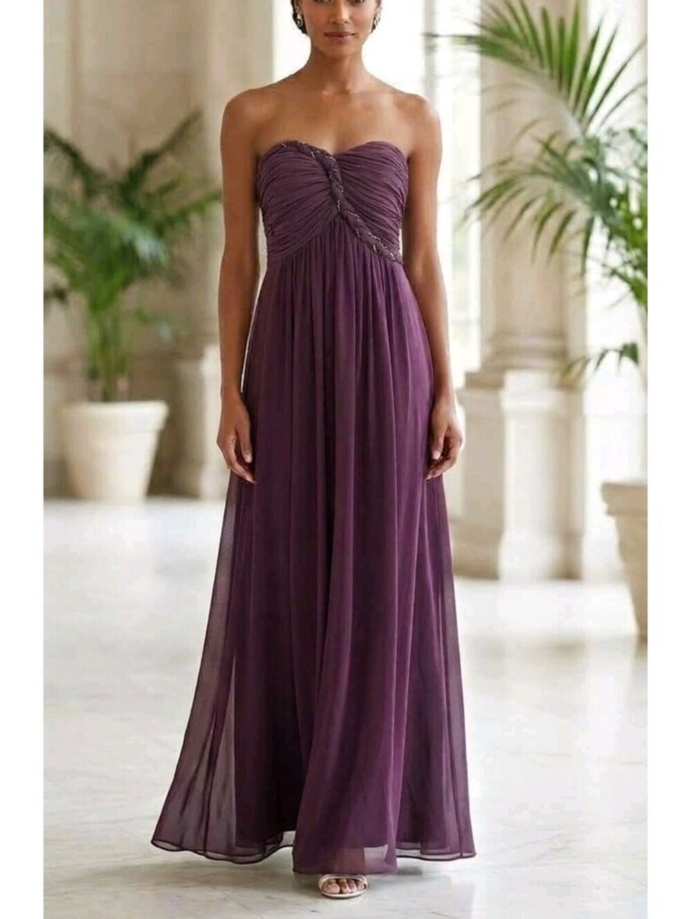 Calvin Klein Dress Womens 4 Purple Strapless Sweetheart Ruched Beaded Maxi Gown